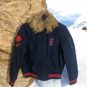 Ultim8 Navy faux fur‎ collar Snake And rose appliqué bomber Jacket Juniors Sz L